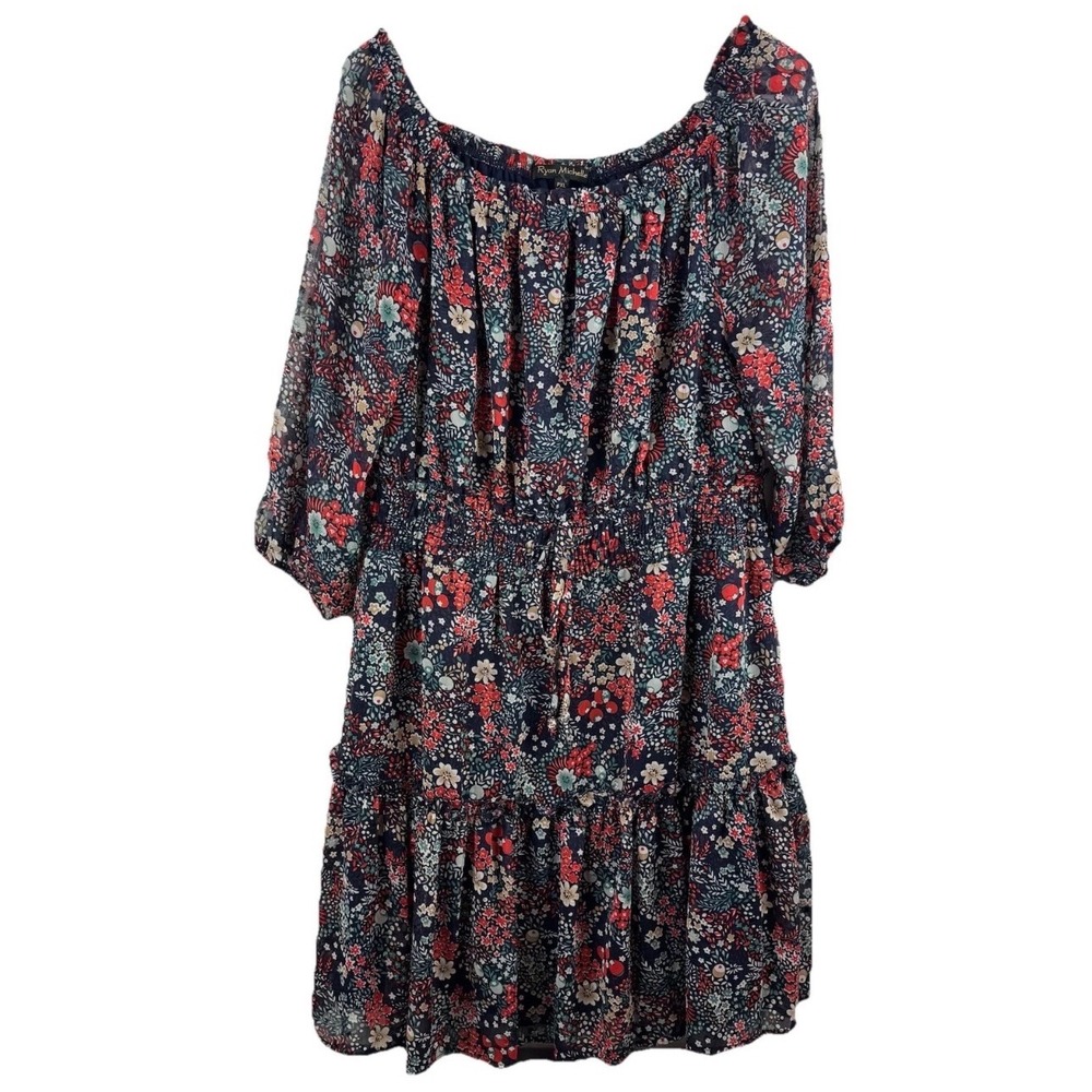 Ryan‎ Michelle Floral Dress Womens PXL Navy Red Smocked Waist Tiered Ruffle